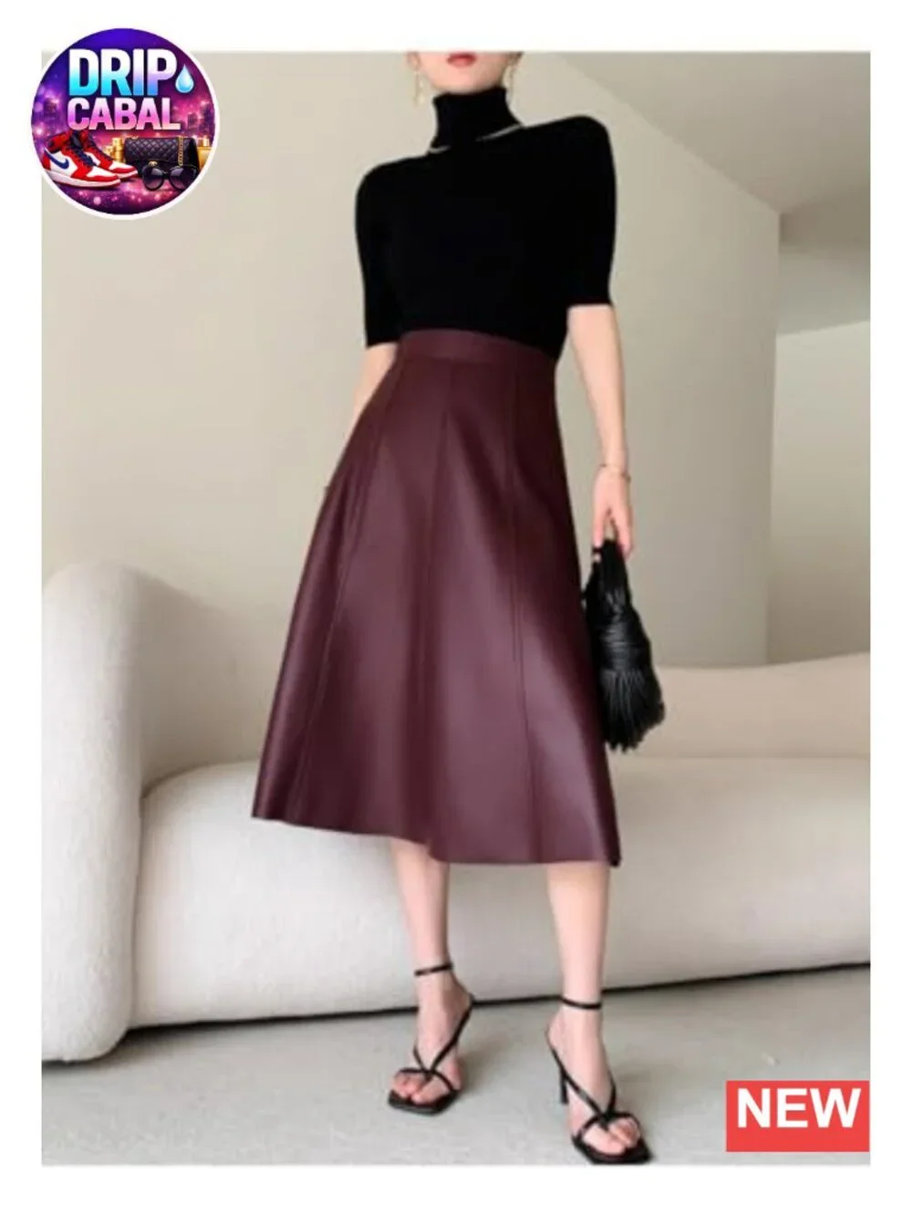 Faux Leather Midi A-Line High Waisted Skirt with Back Zipper